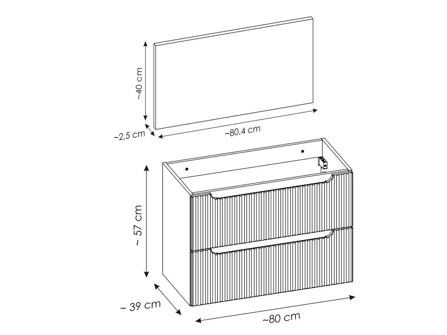 Meuble sous vasque suspendu 2 tiroirs avec plan NOVA-Blanc-Plateau Blanc-Largeur 80 cm