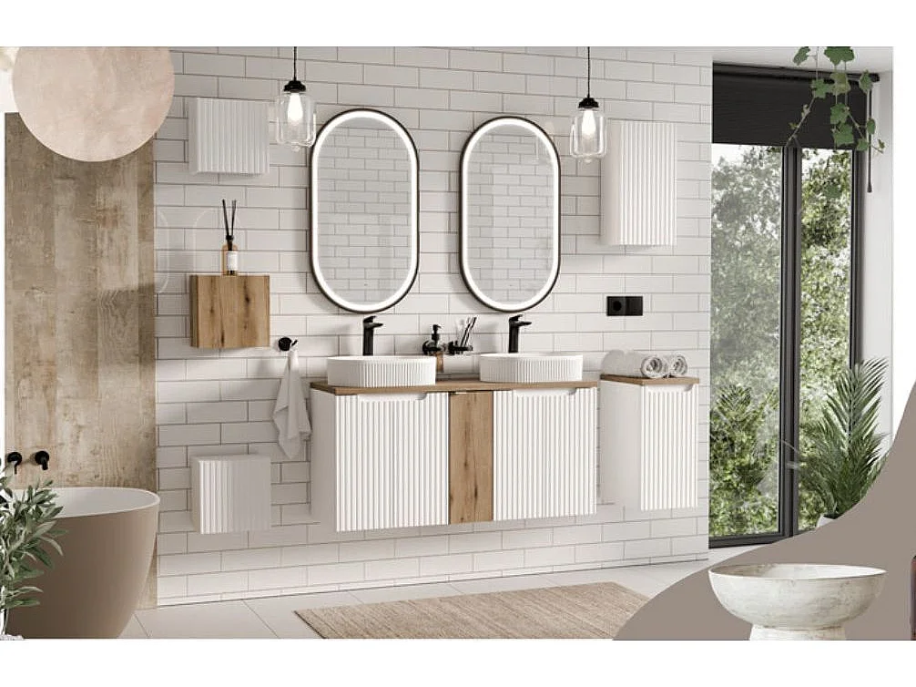 Meuble sous vasque suspendu 2 tiroirs avec plan NOVA-Blanc-Plateau Blanc-Largeur 80 cm