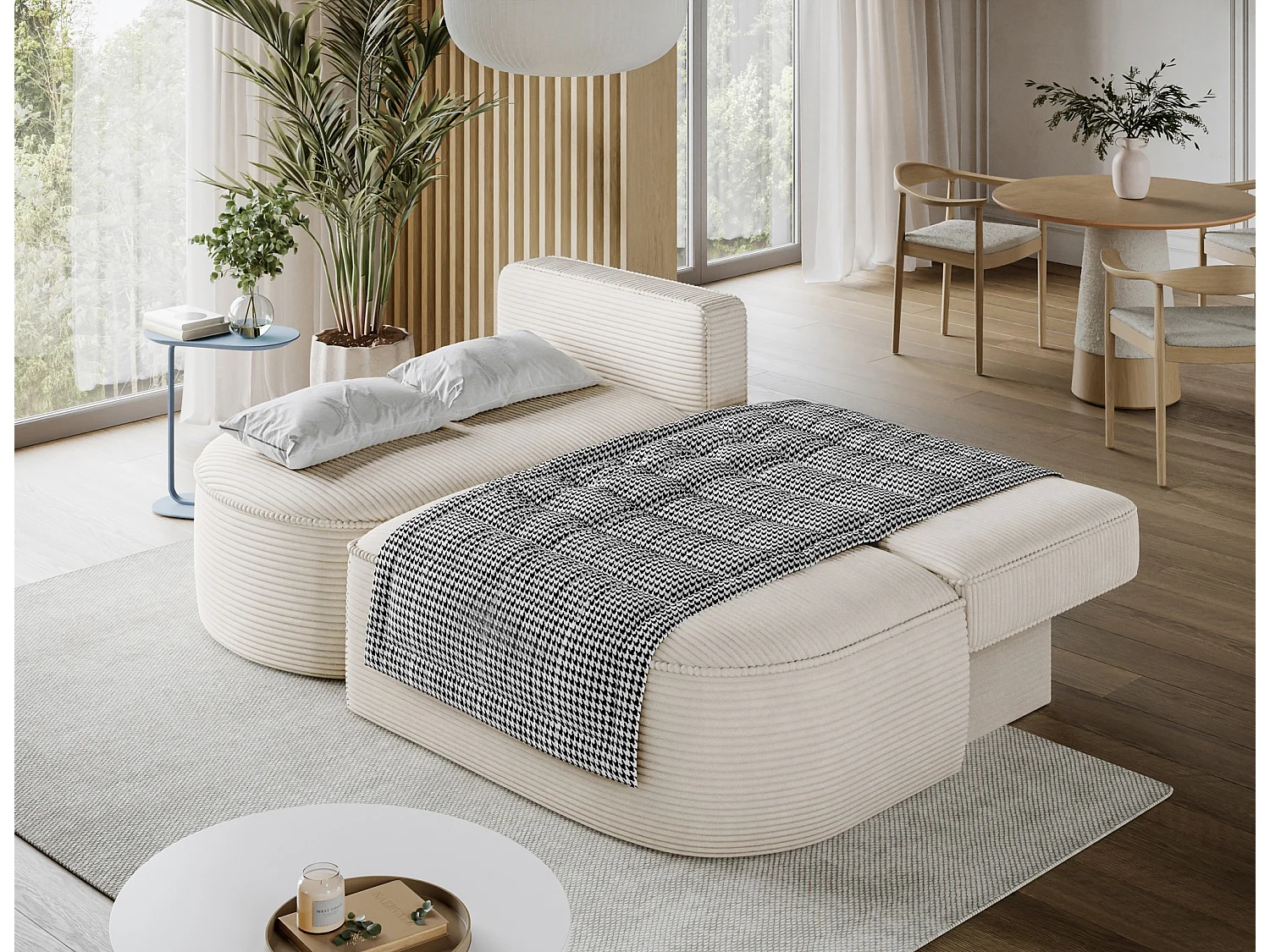 Canapé d'angle gauche 3 places convertible en tissu côtelé beige VERNA