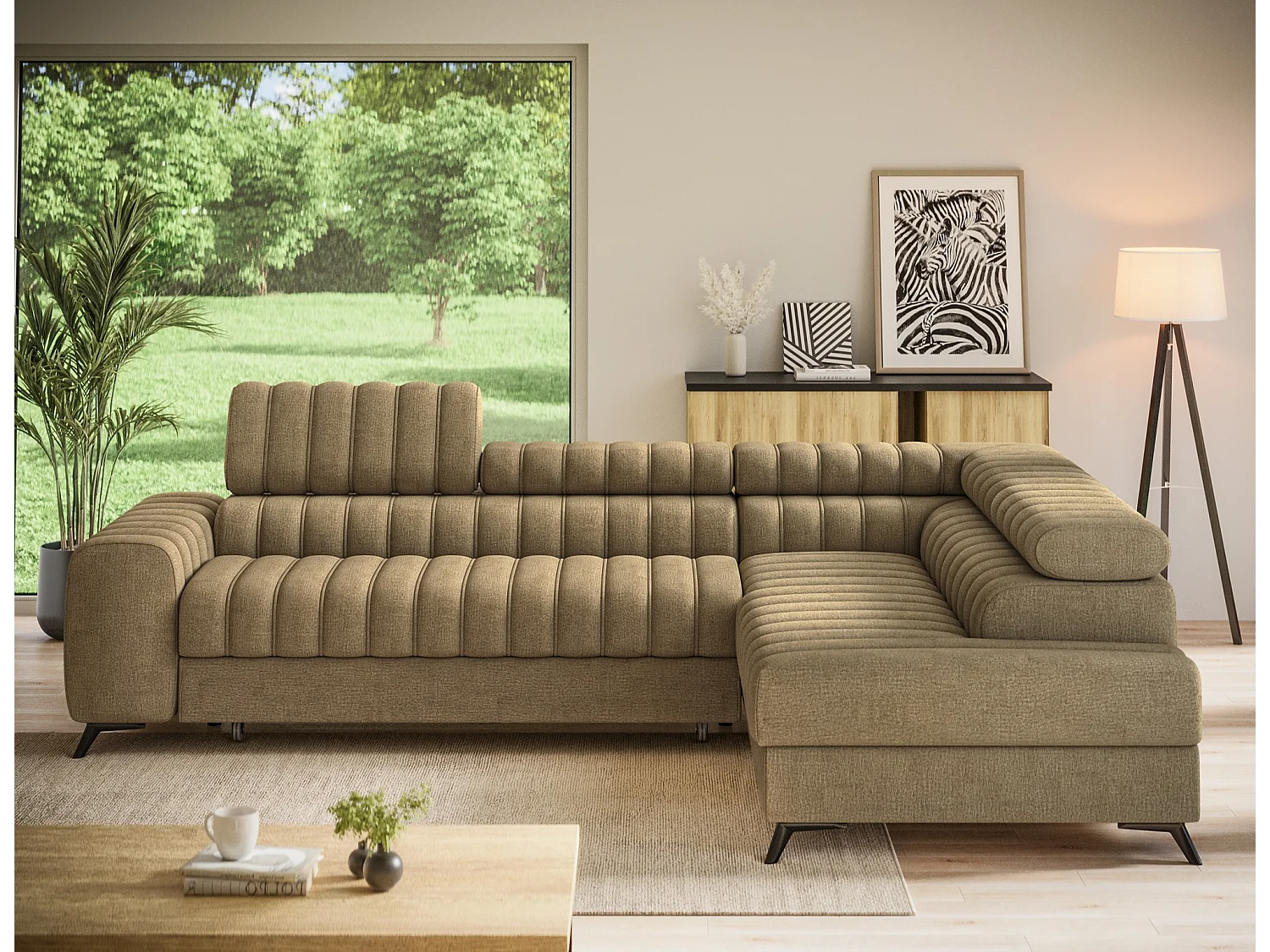 Canapé d’angle convertible KANDO en tissu texturé – 269cm-Marron clair-angle droit