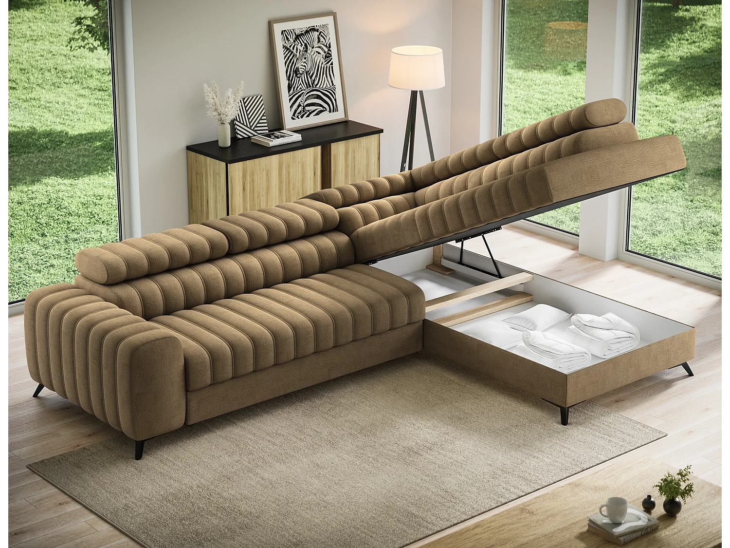 Canapé d’angle convertible KANDO en tissu texturé – 269cm-Marron clair-angle droit