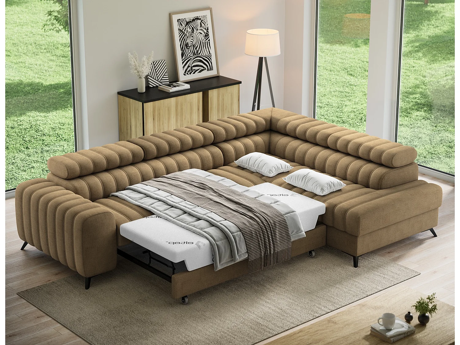 Canapé d’angle convertible KANDO en tissu texturé – 269cm-Marron clair-angle droit