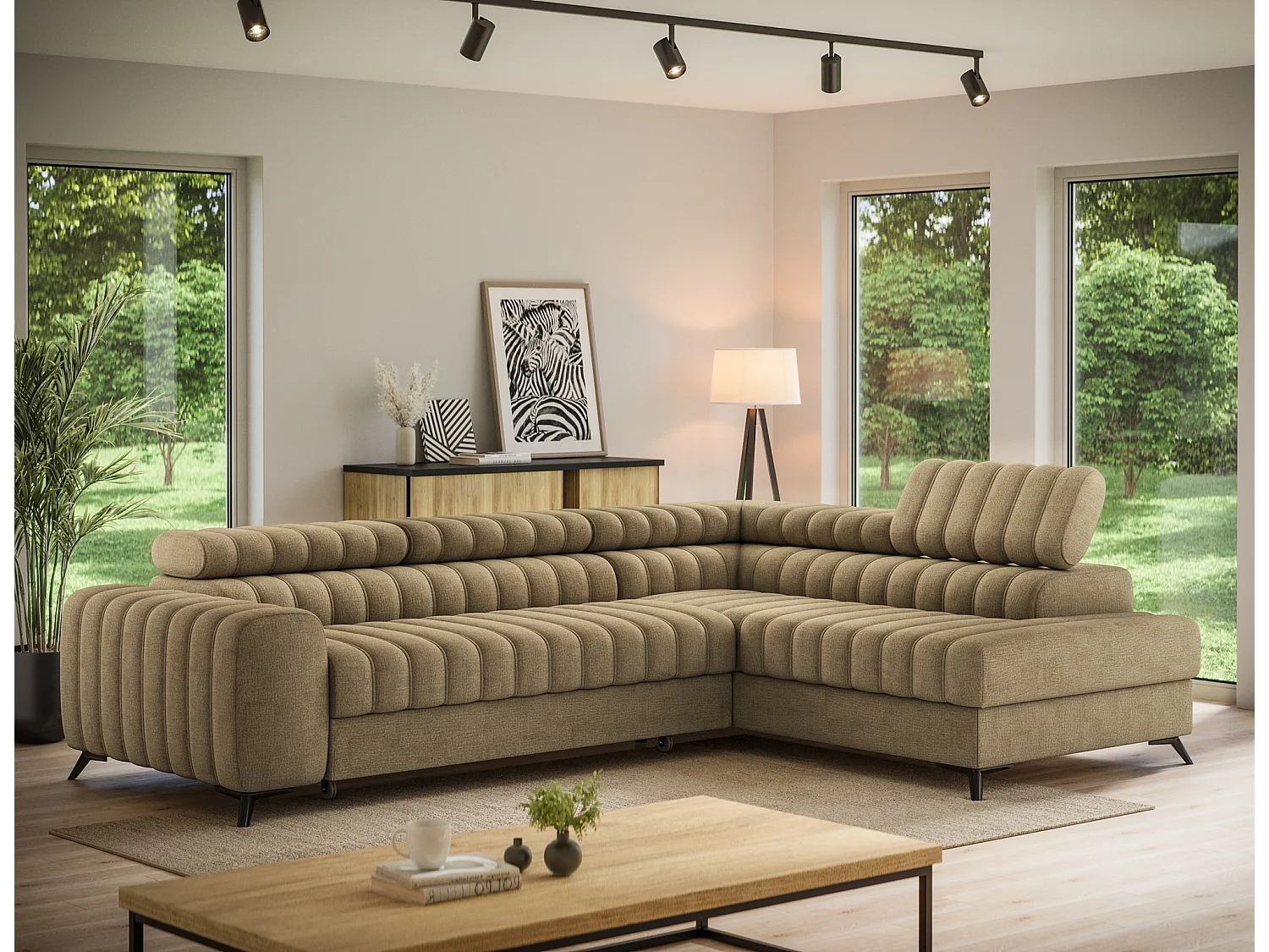 Canapé d’angle convertible KANDO en tissu texturé – 269cm-Marron clair-angle droit