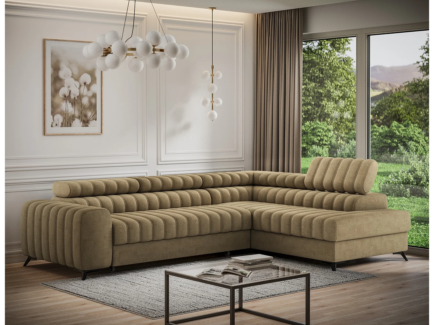 Canapé d’angle convertible KANDO en tissu texturé – 269cm-Marron clair-angle droit