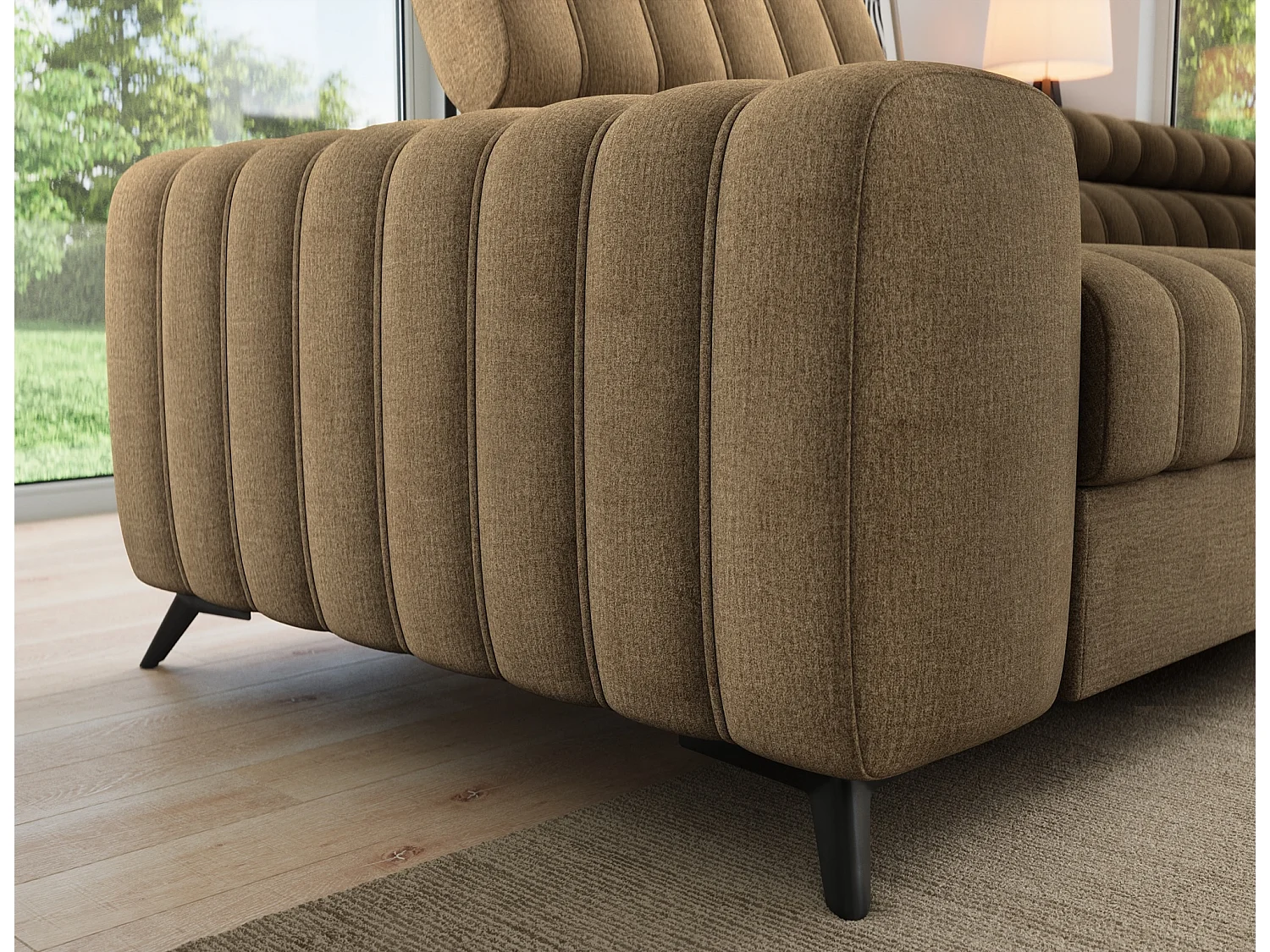 Canapé d’angle convertible KANDO en tissu texturé – 269cm-Marron clair-angle droit