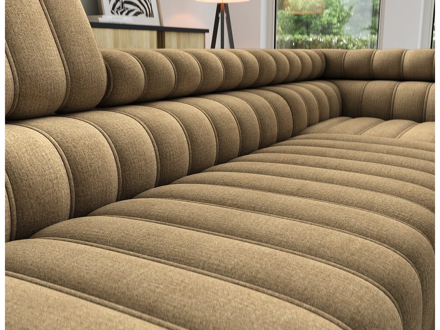 Canapé d’angle convertible KANDO en tissu texturé – 269cm-Marron clair-angle droit