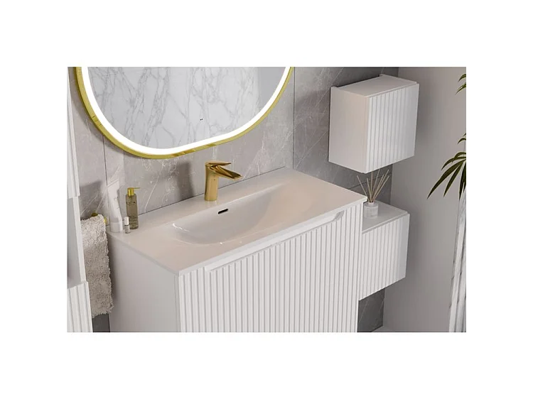 Meuble sous vasque suspendu 2 portes avec plan NOVA-Blanc-Plateau Naturel-Largeur 50 cm