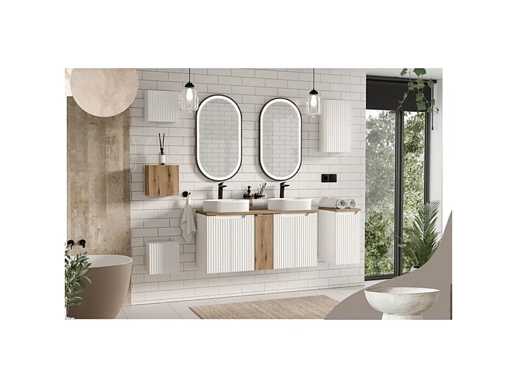 Meuble sous vasque suspendu 2 tiroirs avec plan NOVA-Blanc-Plateau Blanc-Largeur 50 cm