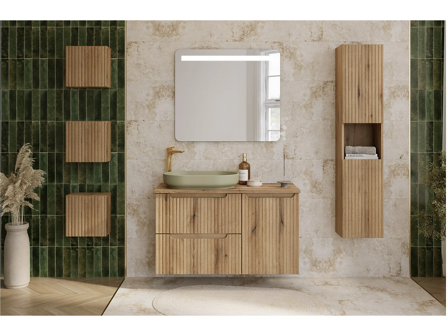 Mueble de baño suspendido NOVA en roble natural, 80 cm, con lavabo BEYOND – Madera elegante y diseño contemporáneo.
