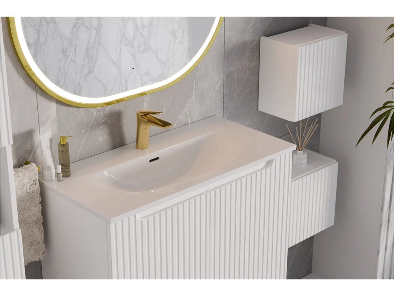 Meuble sous vasque suspendu 2 portes avec plan NOVA-Blanc-Plateau Blanc-Largeur 80 cm