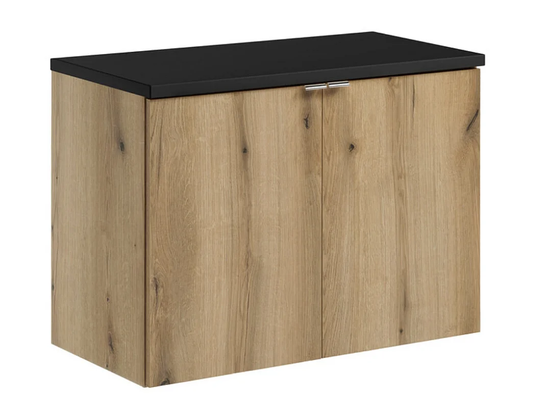 Meuble sous-vasque suspendu 2 portes avec plan NOVA OAK – Naturel et rangement pratique-Naturel/Noir-Largeur 80 cm