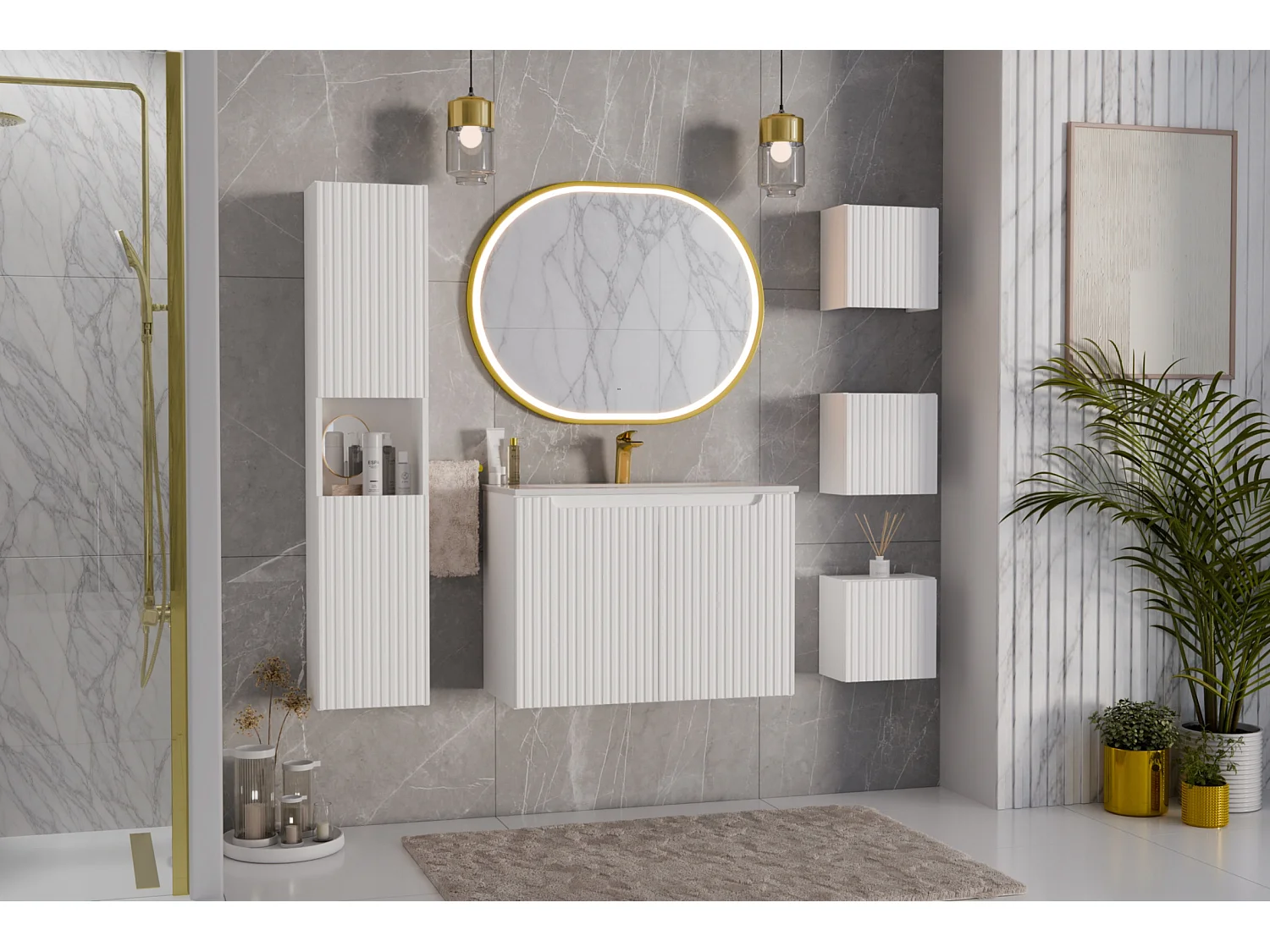 Meuble suspendu 2 portes avec vasque ovale blanche NOVA-Blanc-Largeur 60 cm