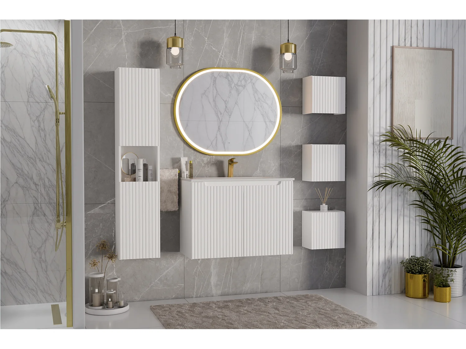 Meuble suspendu 2 portes avec vasque ovale blanche NOVA-Blanc-Largeur 60 cm