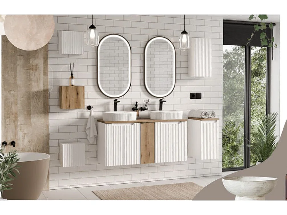 Meuble sous vasque suspendu 2 portes avec plan NOVA-Blanc-Plateau Naturel-Largeur 60 cm