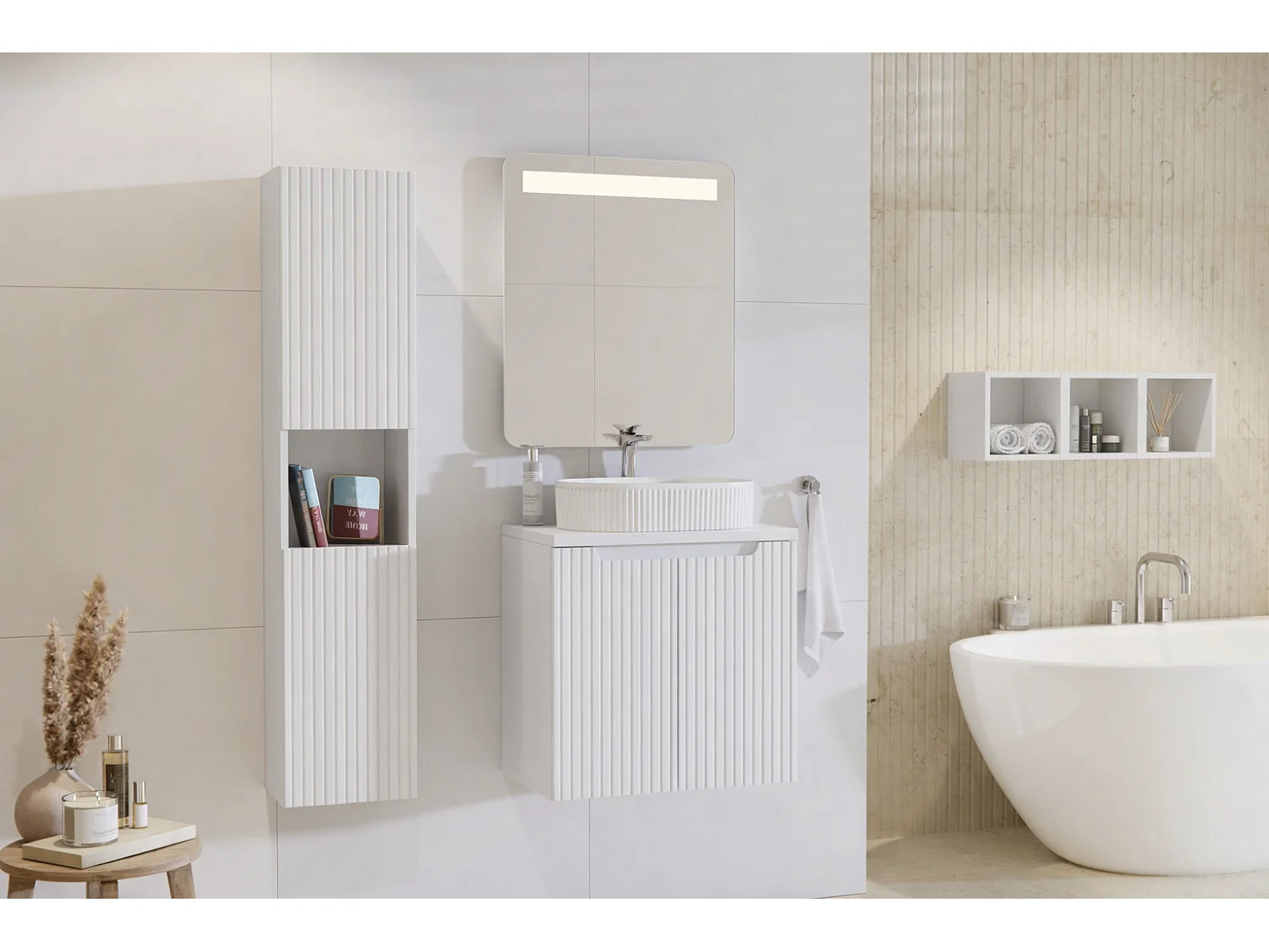 Meuble sous vasque suspendu 2 portes avec plan NOVA-Blanc-Plateau Blanc-Largeur 50 cm