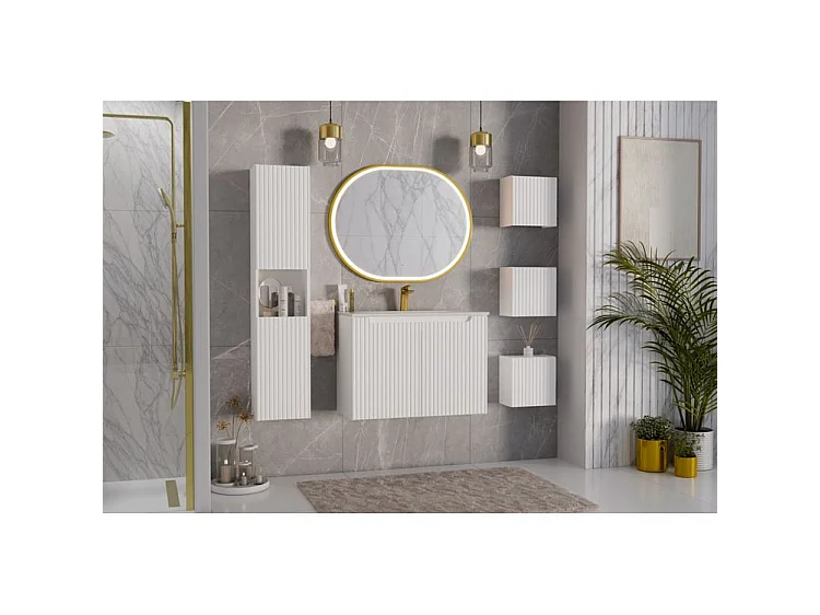 Meuble suspendu 2 portes avec vasque ovale blanche NOVA-Blanc-Largeur 80 cm
