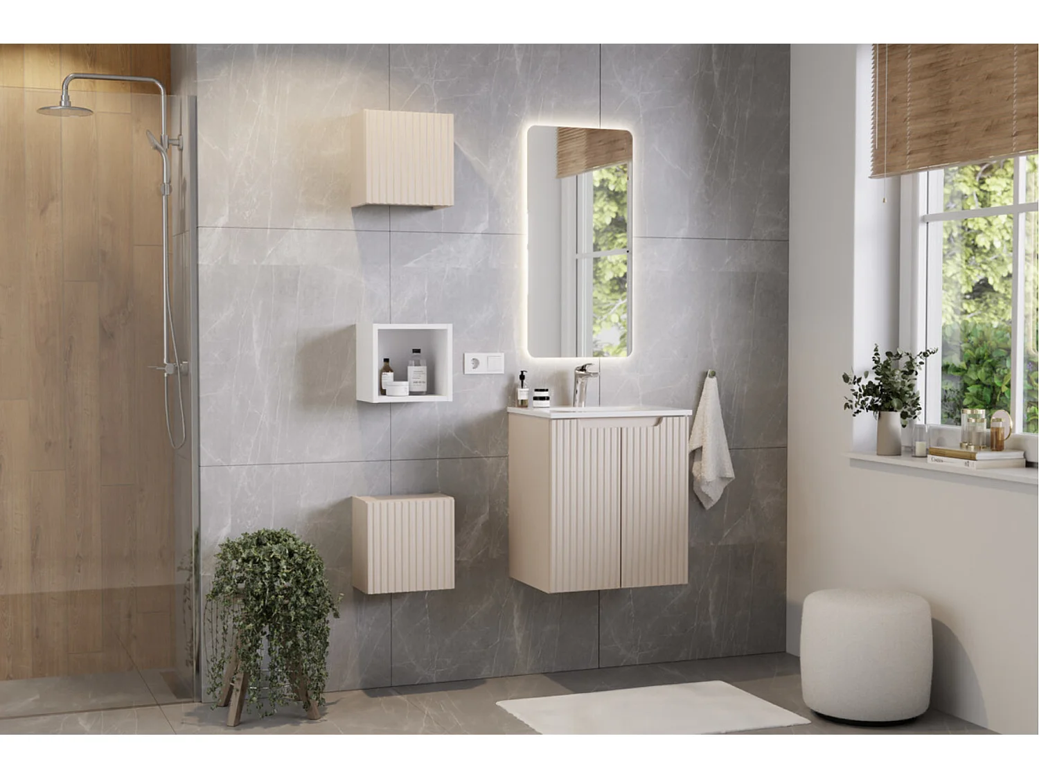 Meuble suspendu 2 portes avec vasque encastrée NOVA-Taupe-Largeur 50 cm