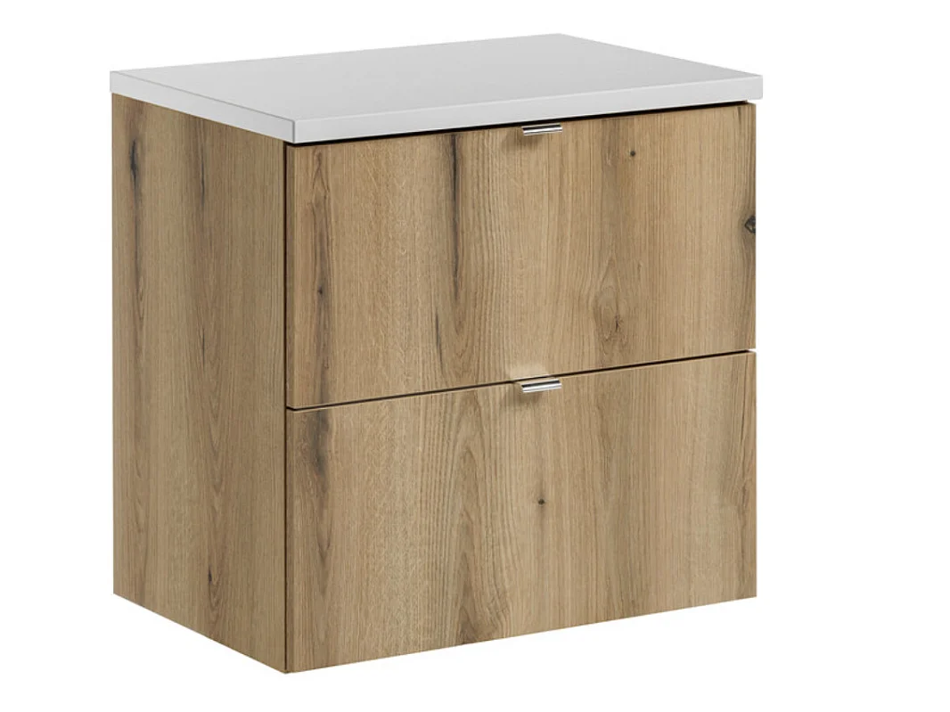 Meuble sous-vasque suspendu NOVA OAK 2 tiroirs avec plan de travail – Naturel et rangement pratique-Naturel/Blanc-Largeur 60 cm