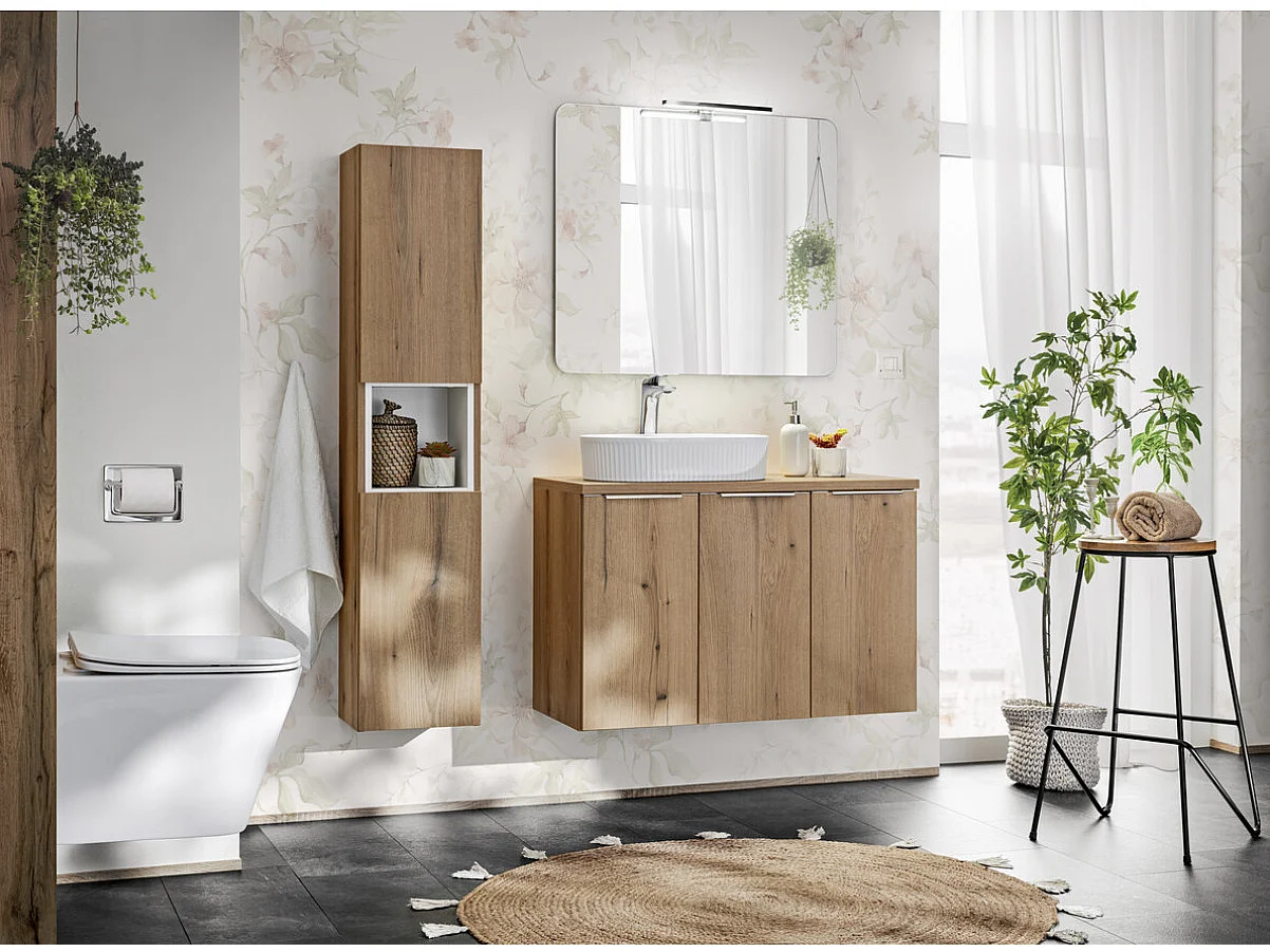 Meuble de salle de bain suspendu 2 portes avec plan de travail NOVA 80cm-Naturel