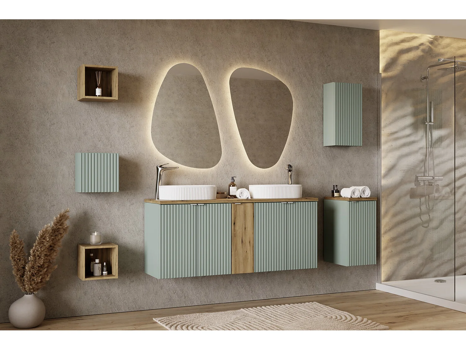 Meuble de salle de bain suspendu 2 portes avec plan de travail NOVA 80cm-Naturel