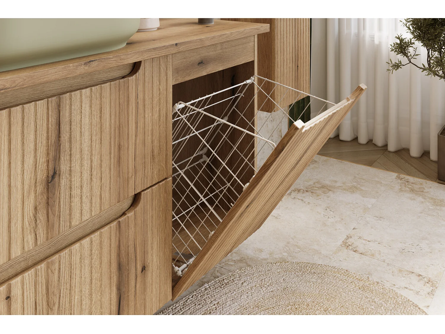 Mueble de pared NOVA de 100 cm con cesta para la ropa, unidad de 2 cajones y encimera.-Natural