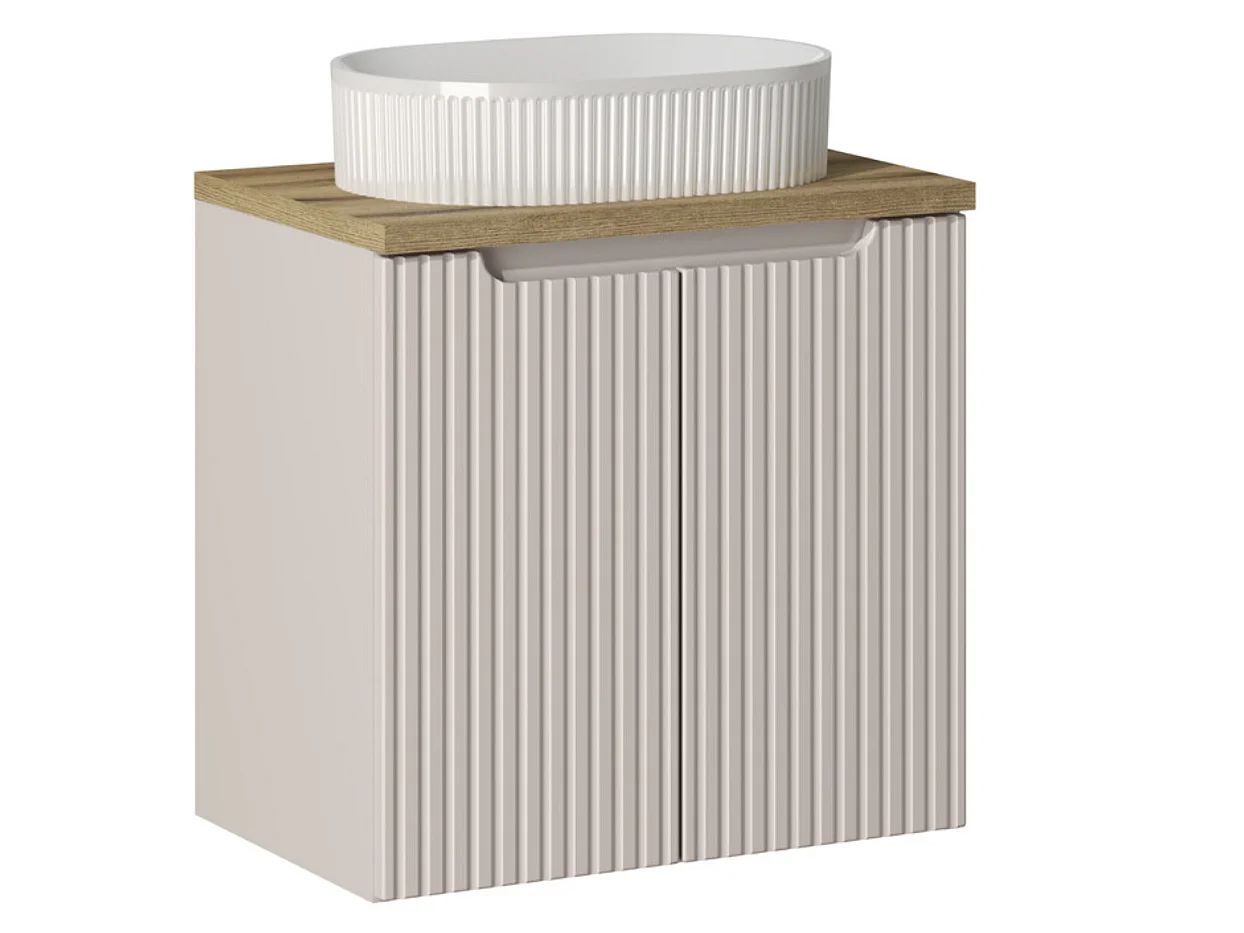 Meuble suspendu 2 portes avec vasque ovale blanche NOVA-Taupe/Naturel-Largeur 60 cm