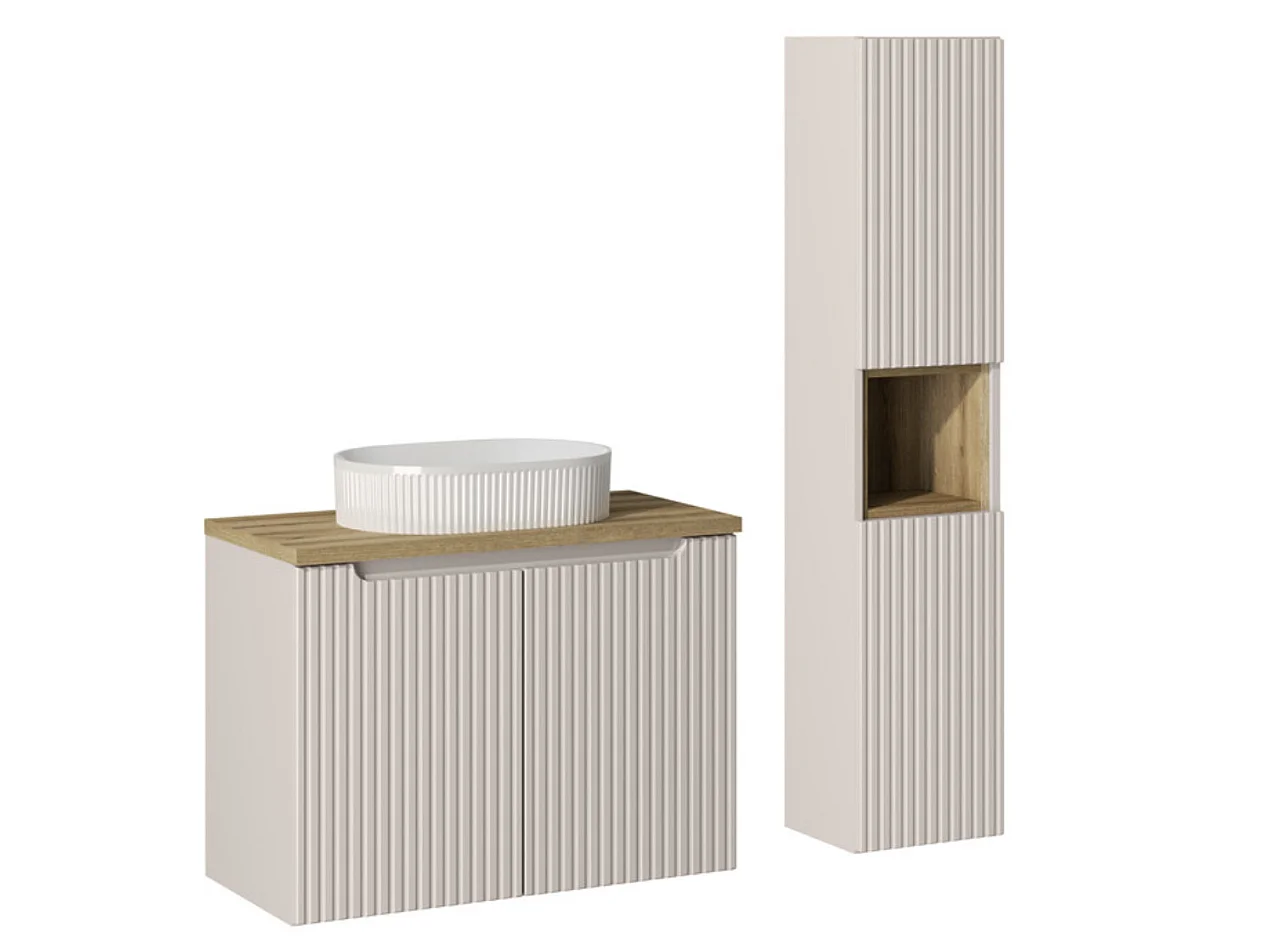 Meuble suspendu 2 portes avec vasque ovale blanche NOVA-Taupe/Naturel-Largeur 60 cm