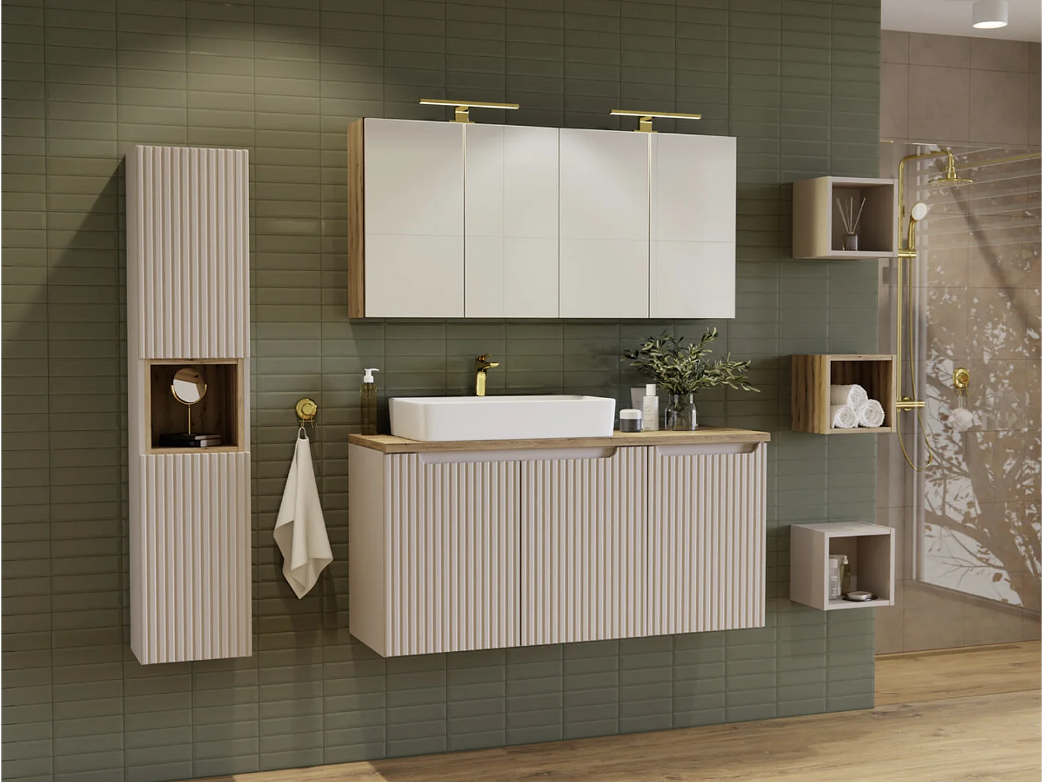 Meuble suspendu 2 portes avec vasque ovale blanche NOVA-Taupe-Largeur 80 cm