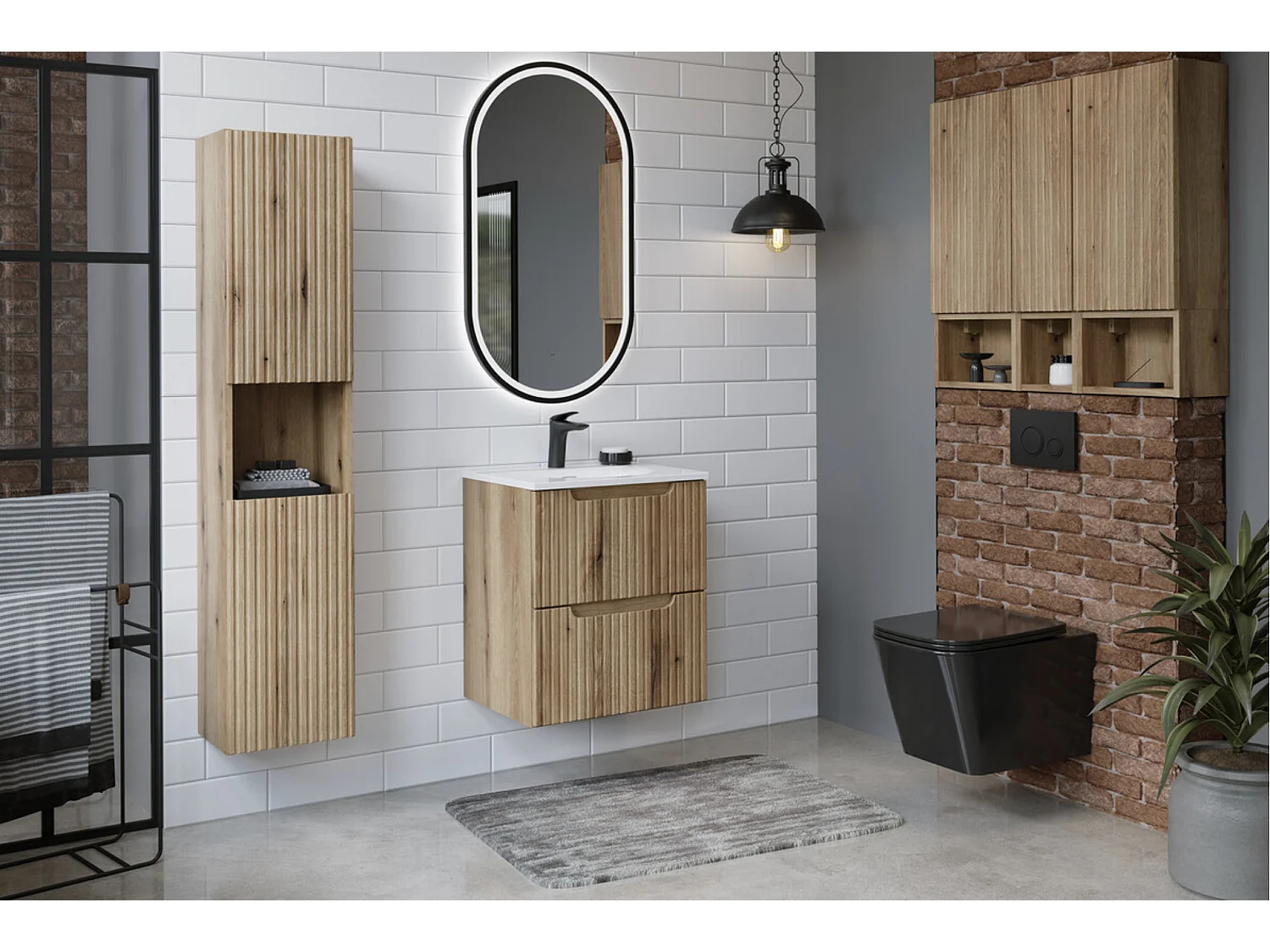 Meuble suspendu 2 tiroirs avec vasque encastrée NOVA-Naturel-Largeur 80 cm