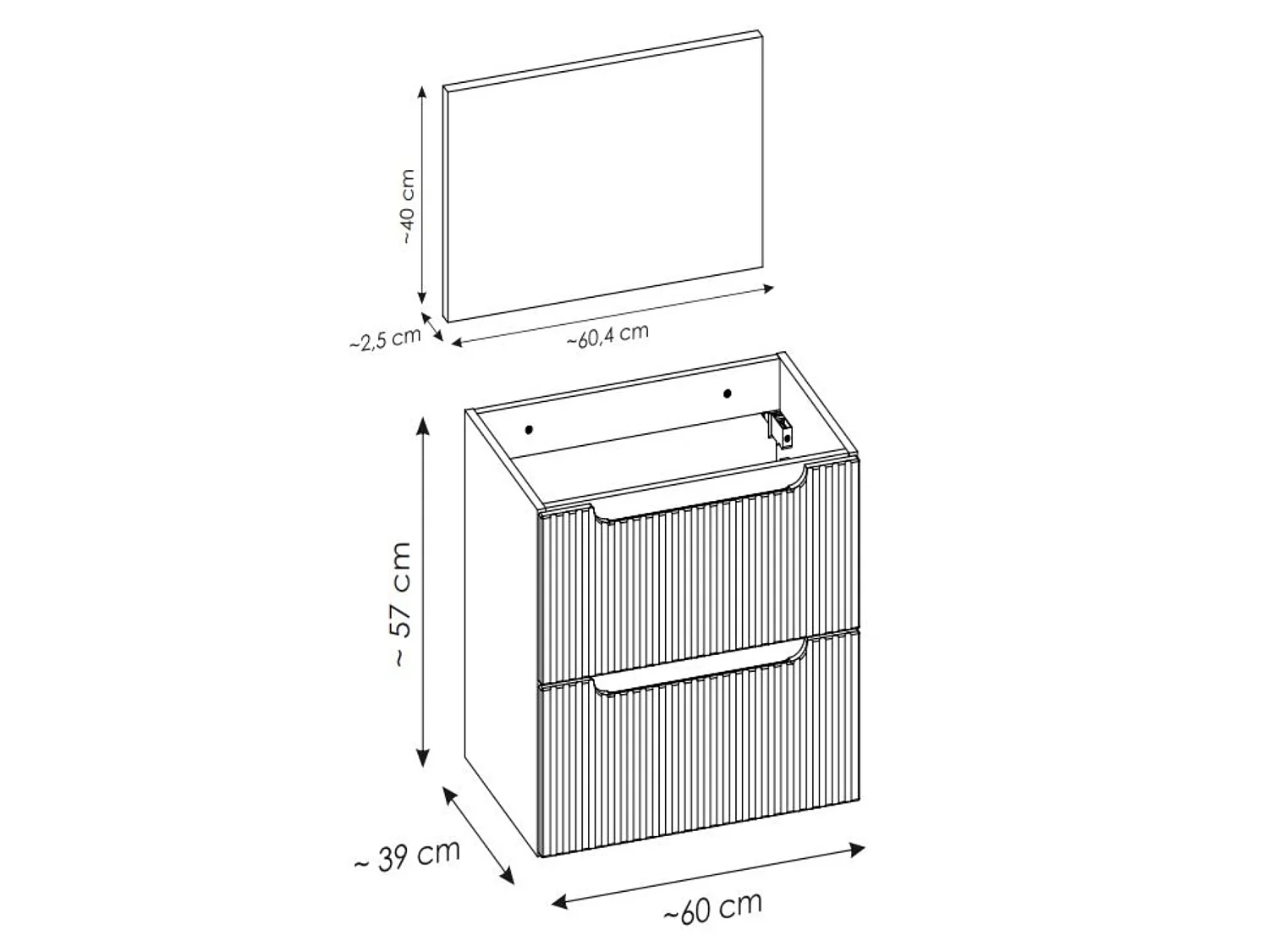 Meuble sous vasque suspendu 2 tiroirs avec plan NOVA-Blanc-Plateau Naturel-Largeur 60 cm