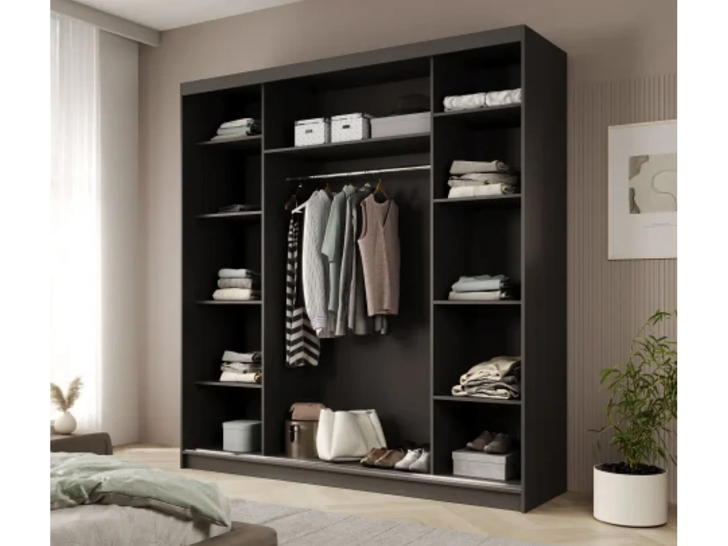 Armoire coulissante 3 portes ANLY 200cm – Dressing grande capacité-Noir