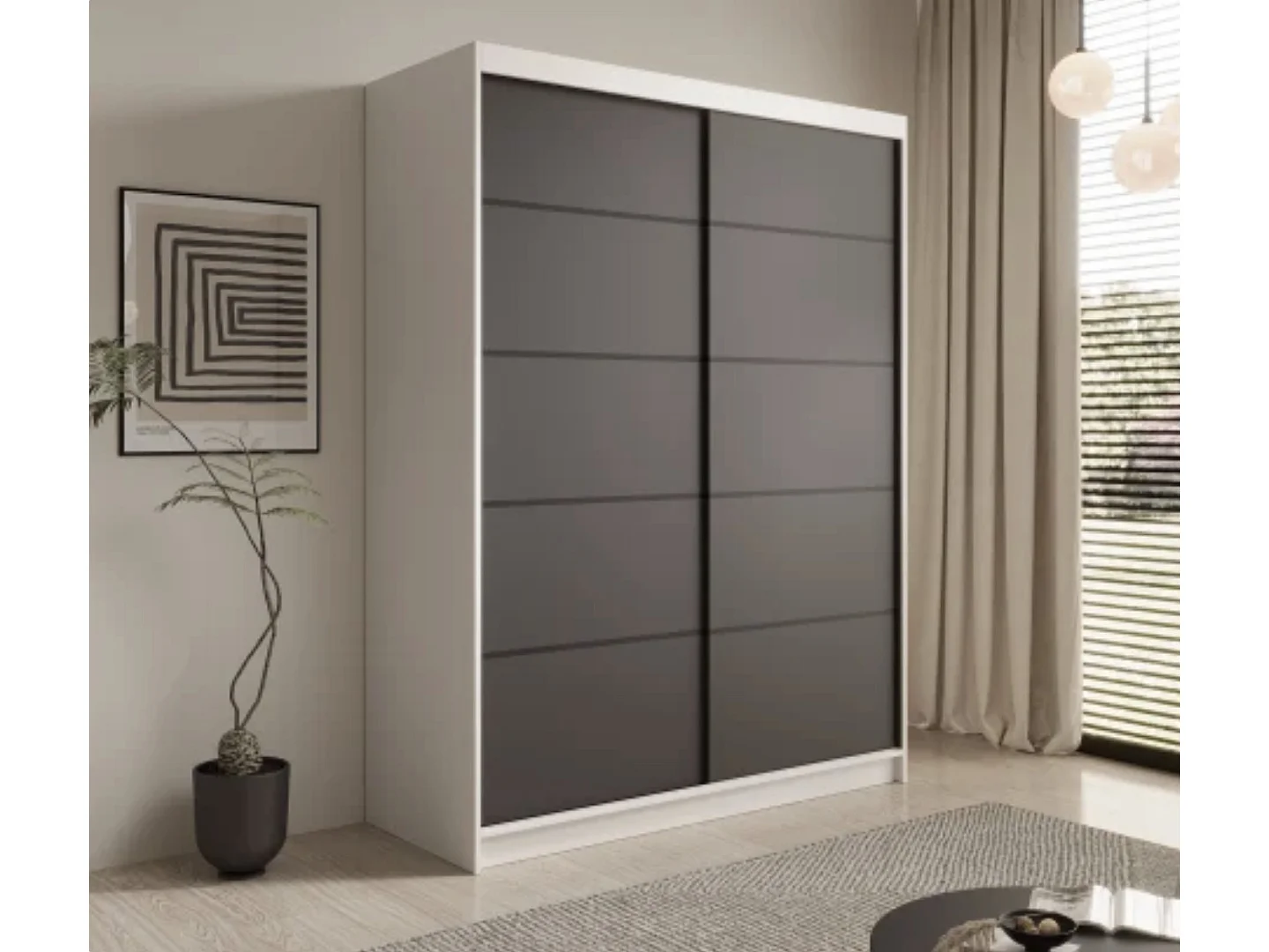 Armoire coulissante 2 portes ANLY 150cm-Blanc/Noir
