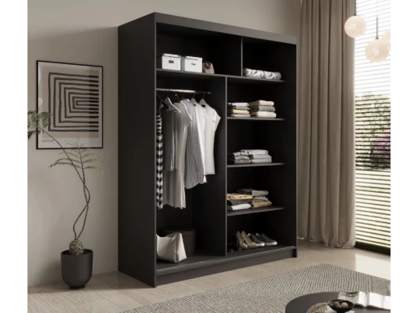 Armoire coulissante 2 portes ANLY 150cm-Blanc/Noir