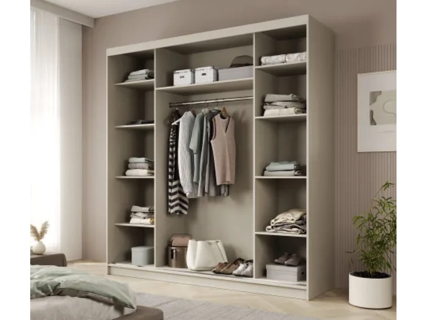 Armoire coulissante 3 portes ANLY 200cm – Dressing grande capacité-Beige