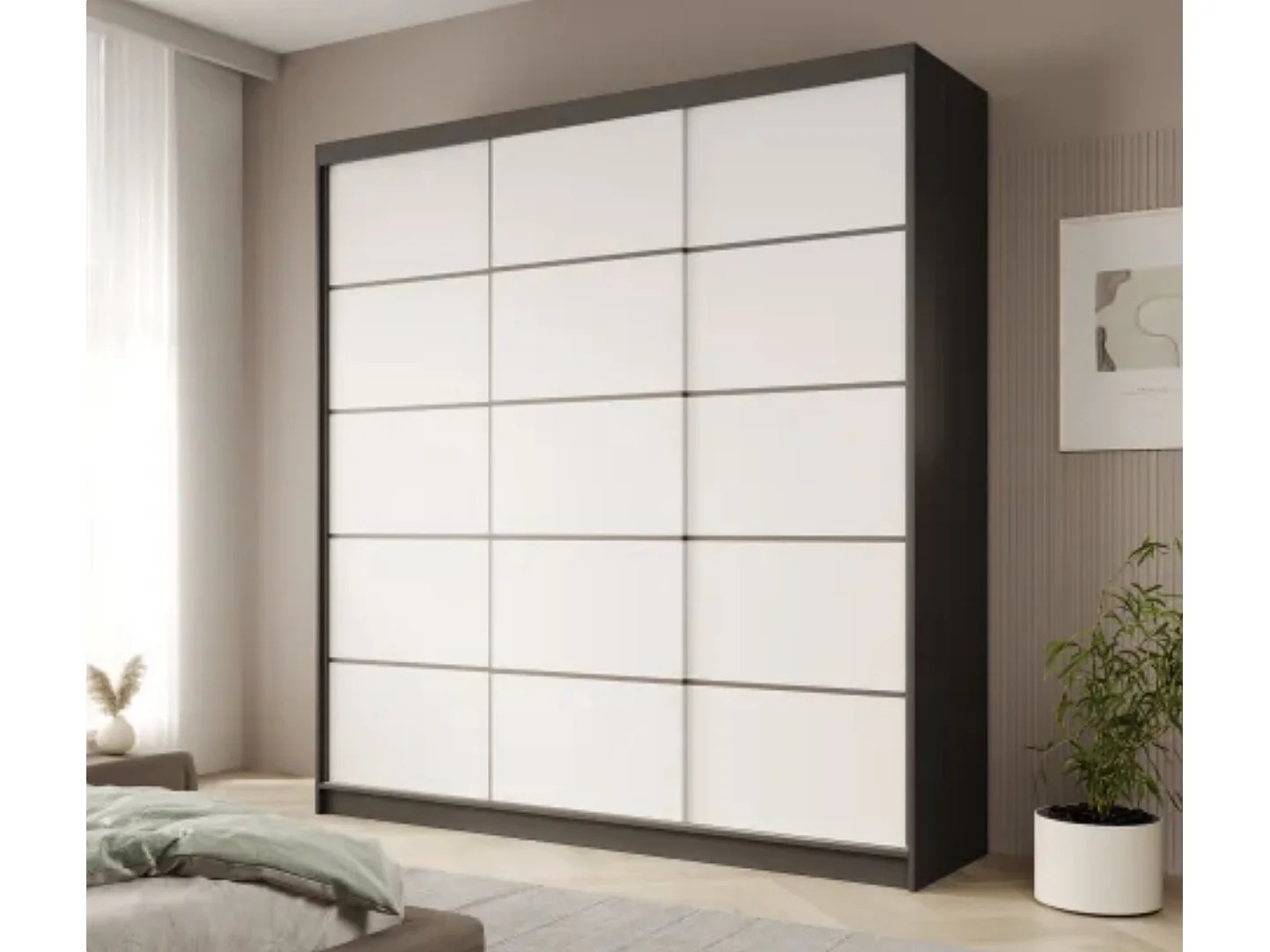 Armoire coulissante 3 portes ANLY 200cm – Dressing grande capacité-Noir/Blanc