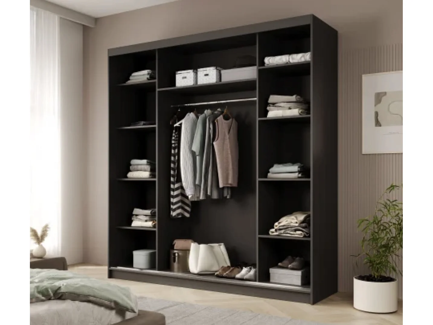 Armoire coulissante 3 portes ANLY 200cm – Dressing grande capacité-Noir/Blanc