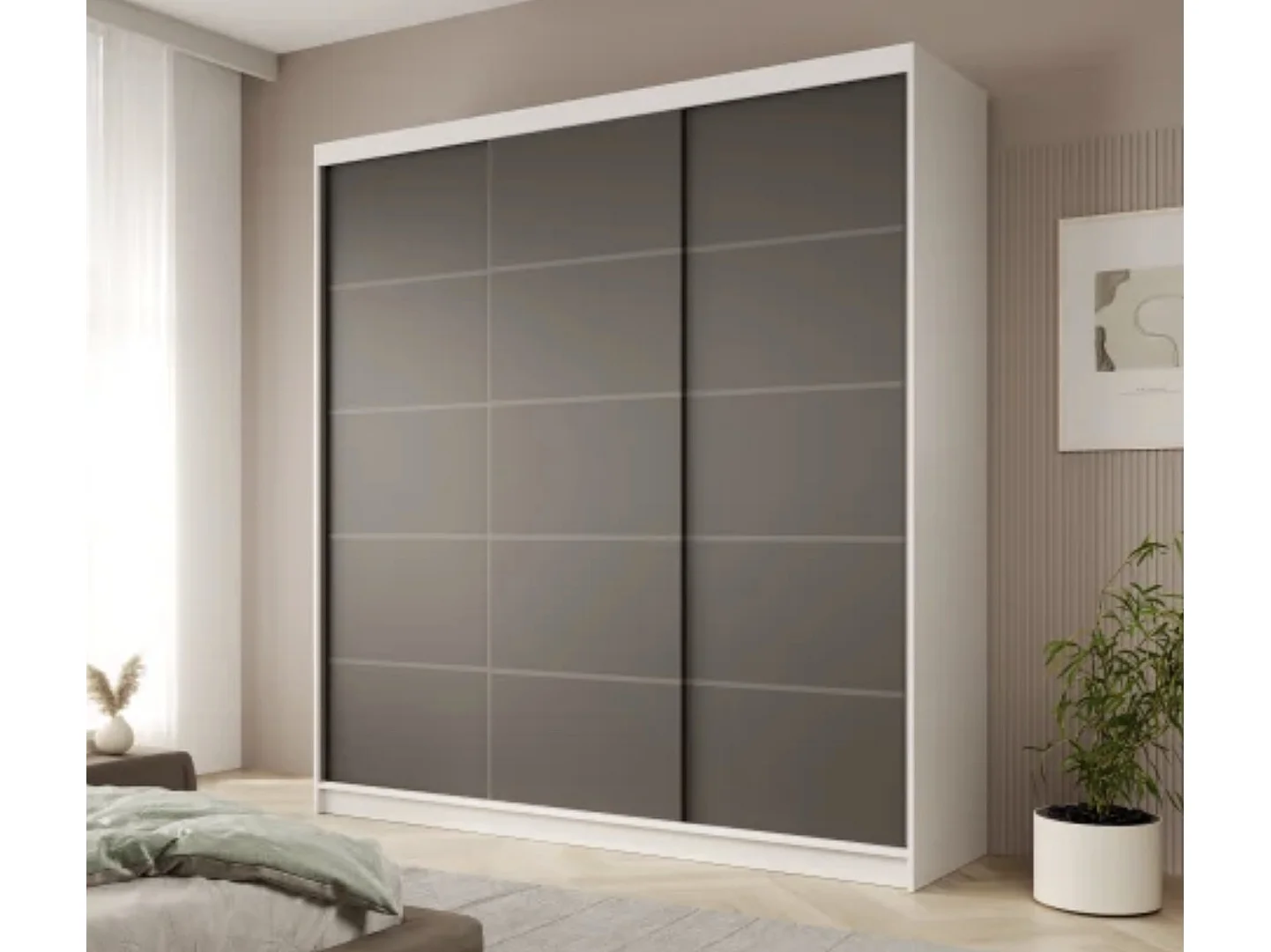 Armoire coulissante 3 portes ANLY 200cm – Dressing grande capacité-Blanc/Noir