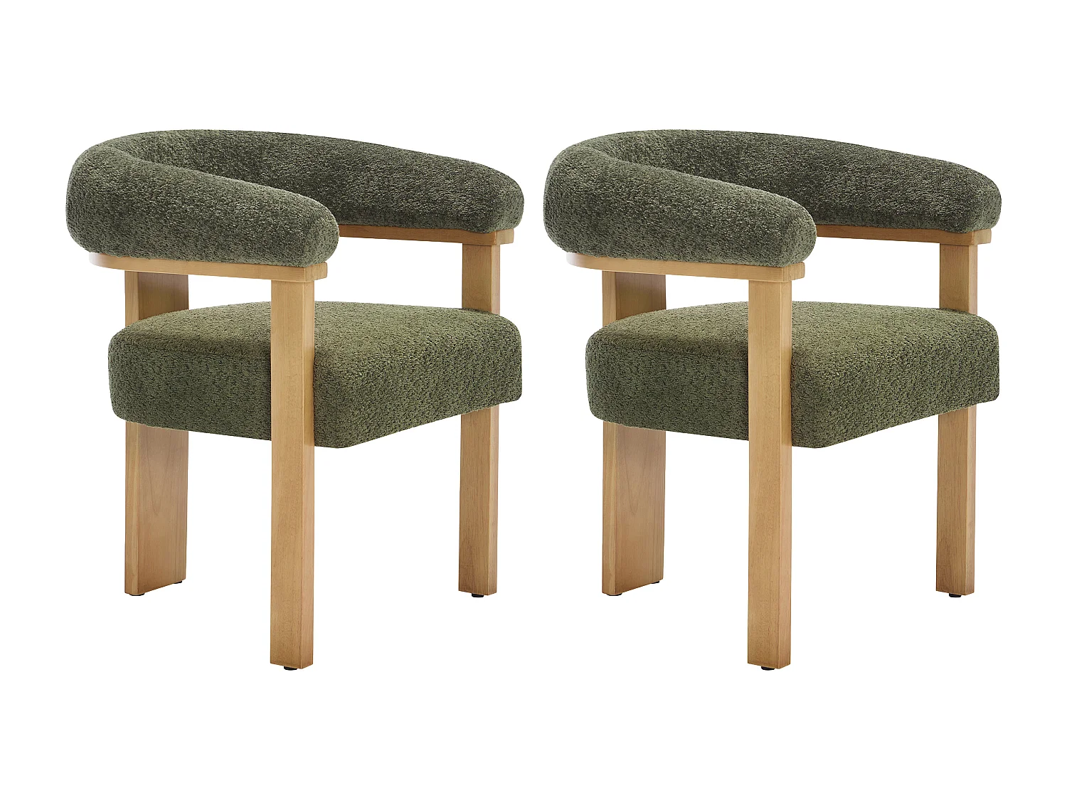 Lot de 2 chaises avec accoudoirs en tissu bouclette et bois d'hévéa naturel - Kaki - LIVELIA