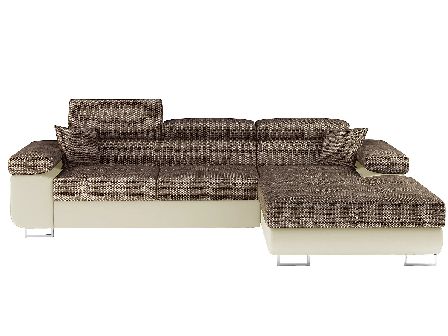 Sofá esquinero convertible KALIZO con reposacabezas regulables - Base y patas de acero cromado-Beige/Marrón-Ángulo izquierdo