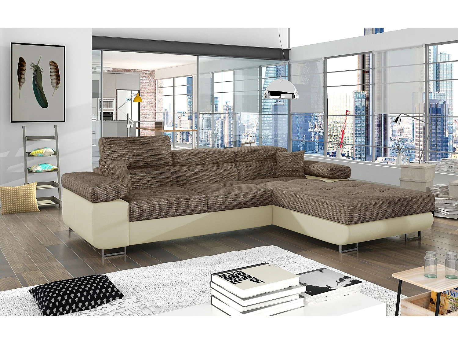 Sofá esquinero convertible KALIZO con reposacabezas regulables - Base y patas de acero cromado-Beige/Marrón-Ángulo izquierdo