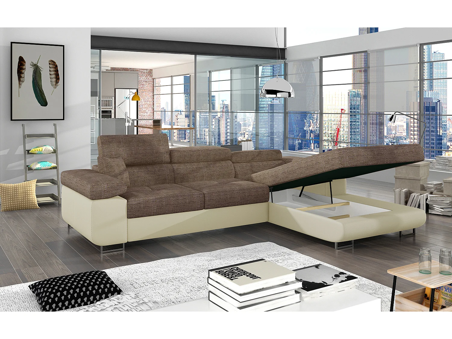 Sofá esquinero convertible KALIZO con reposacabezas regulables - Base y patas de acero cromado-Beige/Marrón-Ángulo izquierdo
