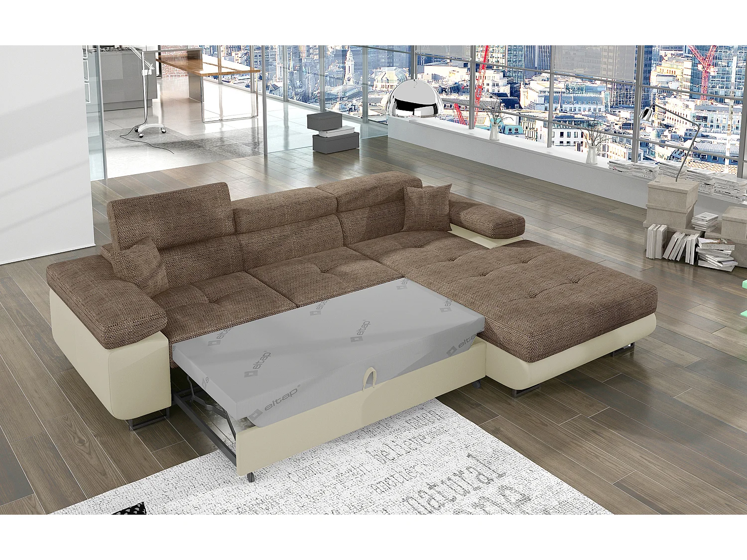 Sofá esquinero convertible KALIZO con reposacabezas regulables - Base y patas de acero cromado-Beige/Marrón-Ángulo izquierdo