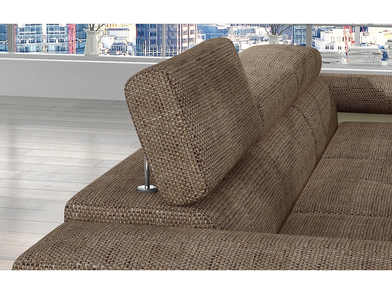 Sofá esquinero convertible KALIZO con reposacabezas regulables - Base y patas de acero cromado-Beige/Marrón-Ángulo izquierdo