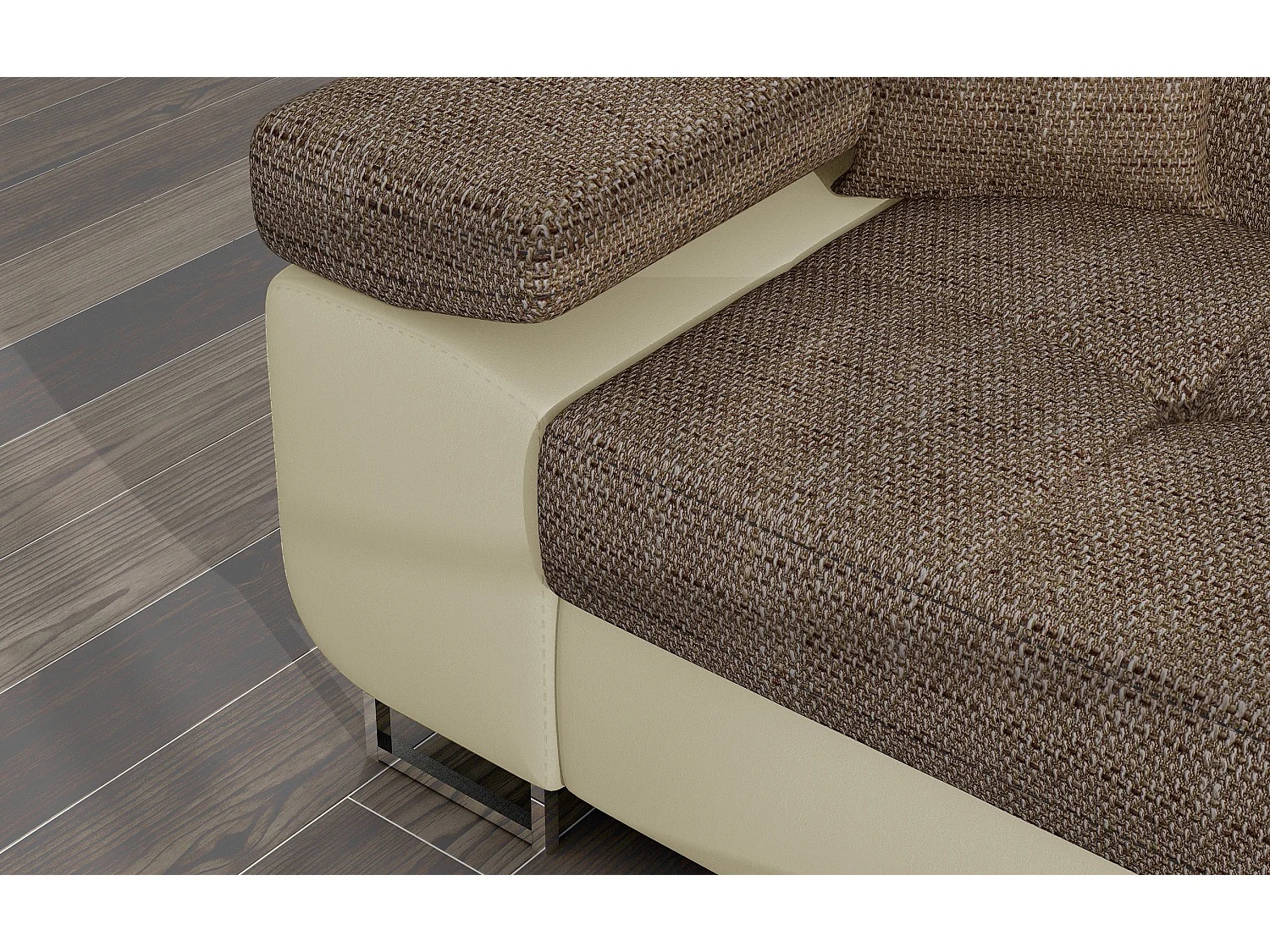 Sofá esquinero convertible KALIZO con reposacabezas regulables - Base y patas de acero cromado-Beige/Marrón-Ángulo izquierdo
