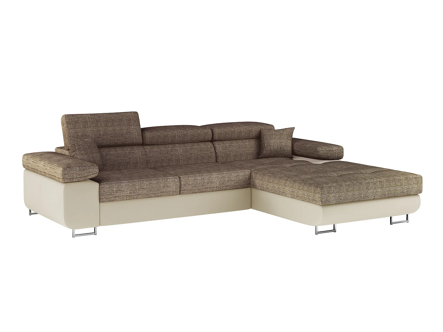 Sofá esquinero convertible KALIZO con reposacabezas regulables - Base y patas de acero cromado-Beige/Marrón-Ángulo izquierdo