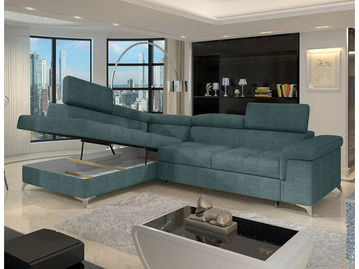 Canapé d’angle convertible MARIDO en tissu avec coffre et têtières réglables – 275cm-Vert-angle gauche