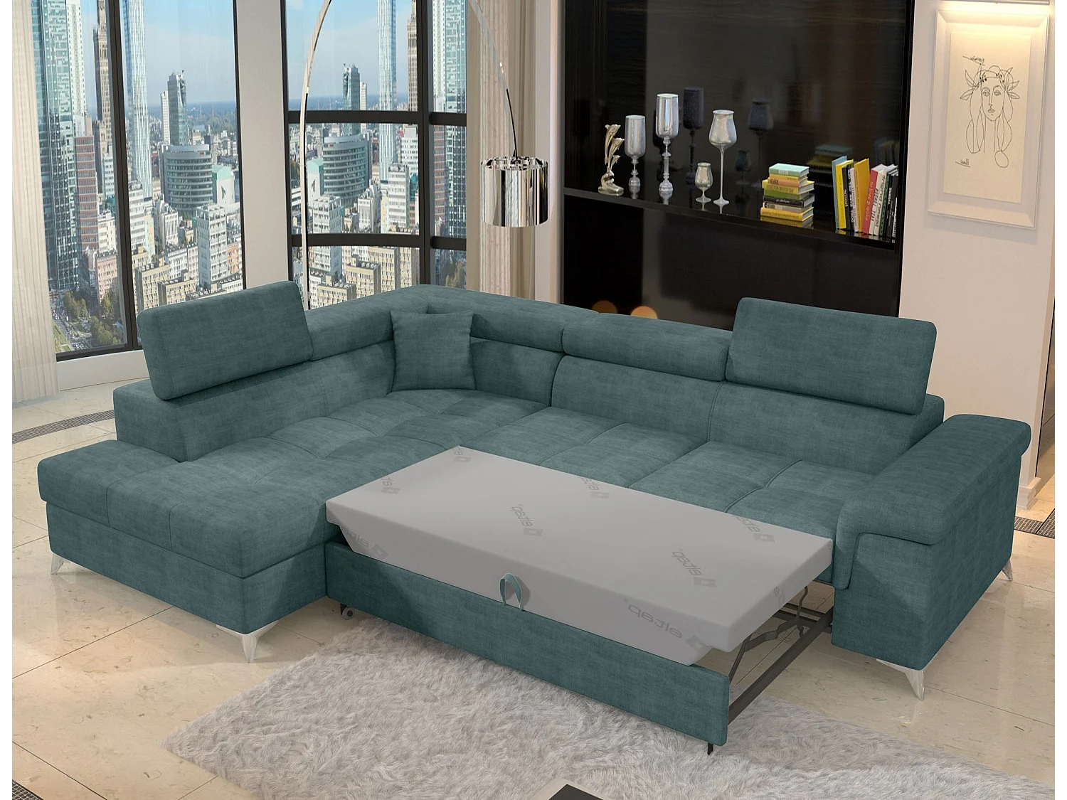 Canapé d’angle convertible MARIDO en tissu avec coffre et têtières réglables – 275cm-Vert-angle gauche