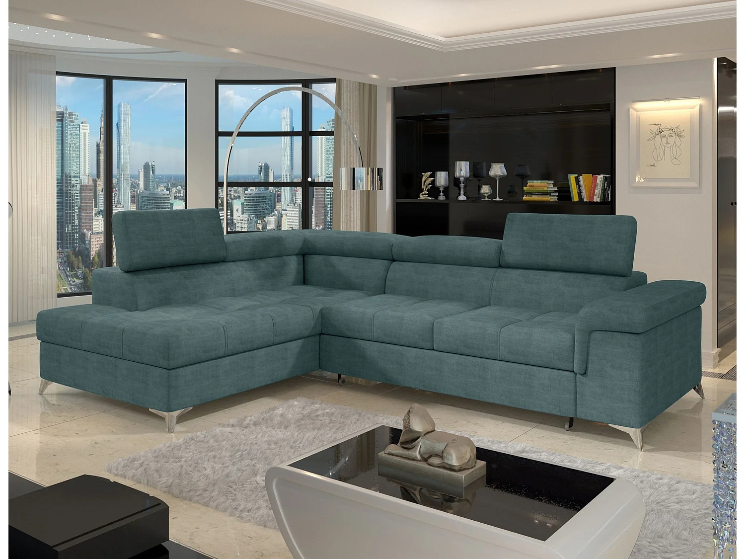 Canapé d’angle convertible MARIDO en tissu avec coffre et têtières réglables – 275cm-Vert-angle gauche