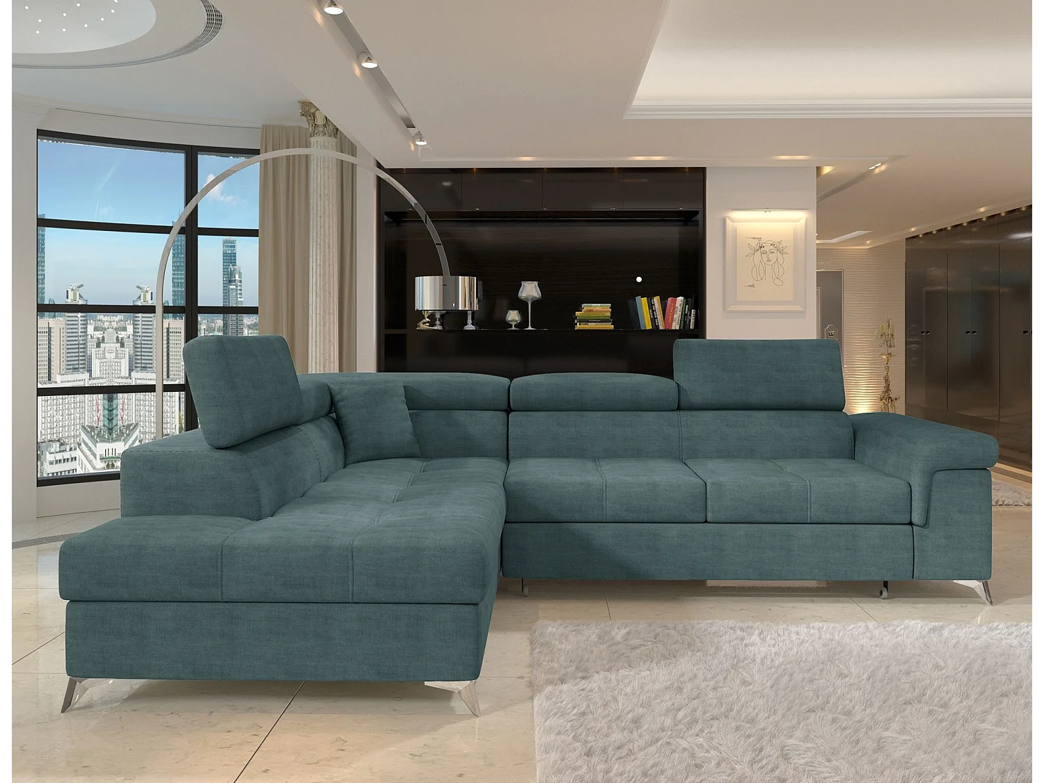 Canapé d’angle convertible MARIDO en tissu avec coffre et têtières réglables – 275cm-Vert-angle gauche