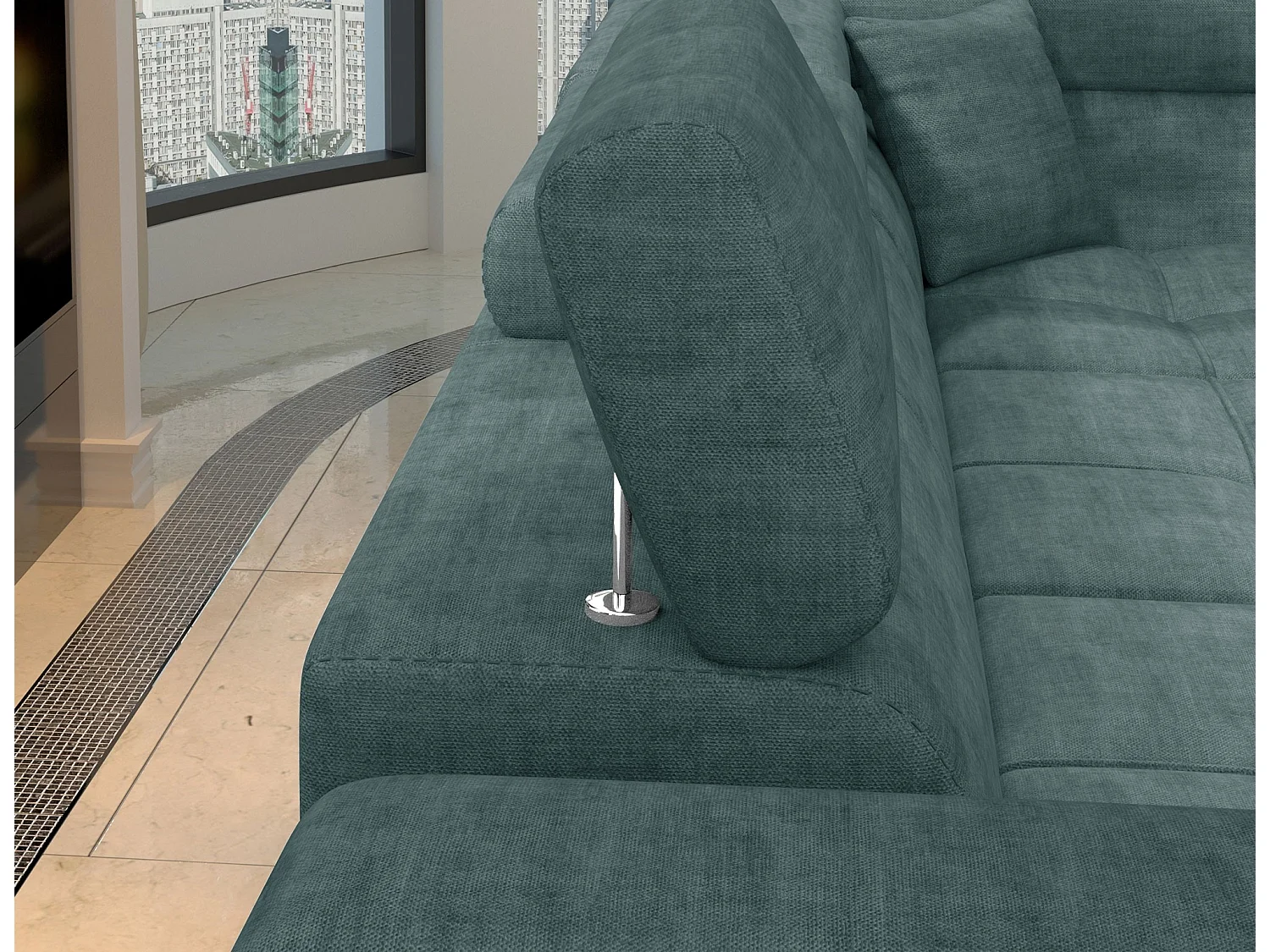 Canapé d’angle convertible MARIDO en tissu avec coffre et têtières réglables – 275cm-Vert-angle gauche